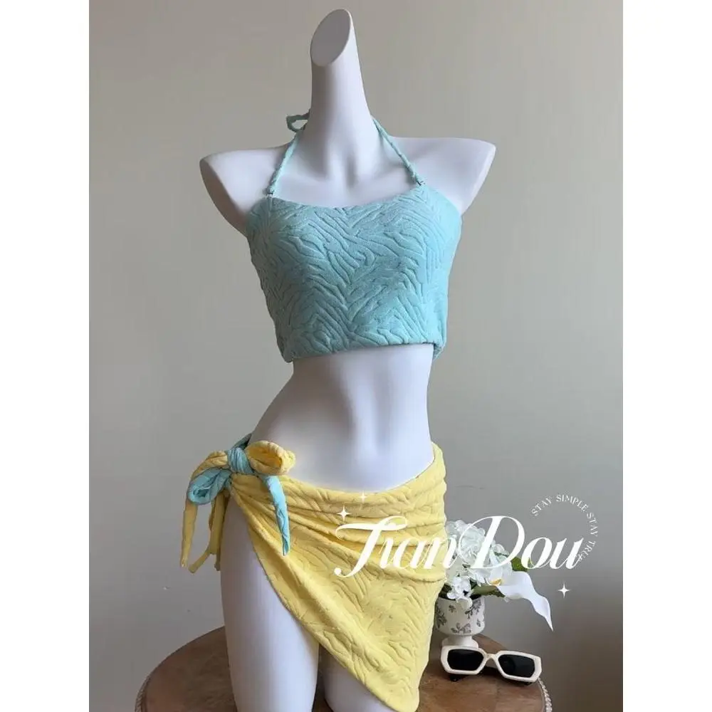 2025 New Dopamine Macaron Color Pure Desire Bikini Two-Piece Skirt Triangle Set for Hot Spring Vacation