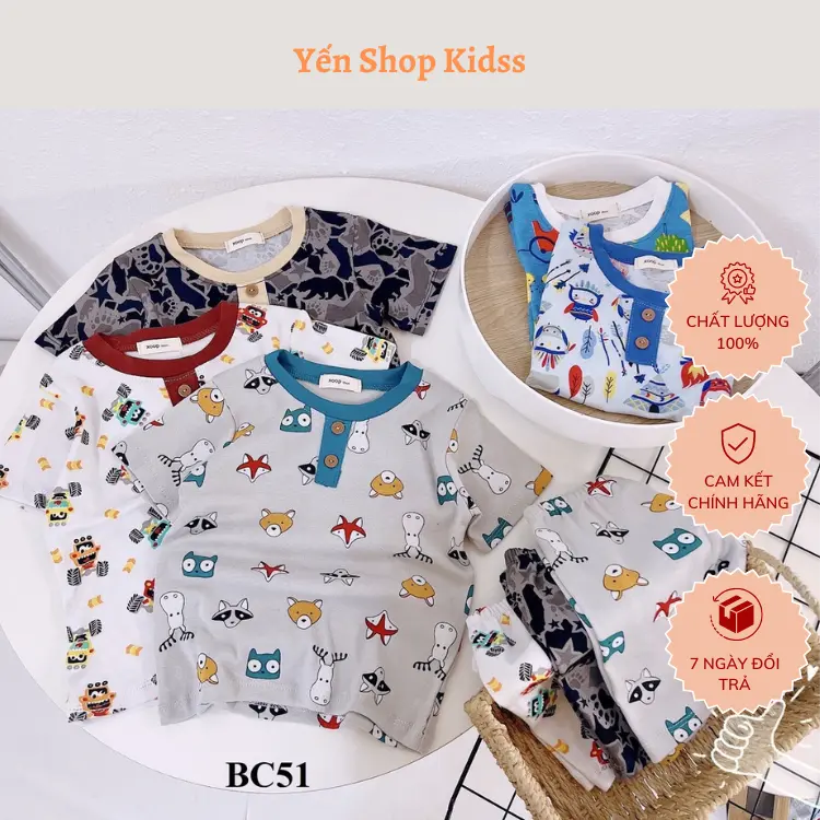 (8-18kg)Bộ quần áo trẻ em Bộ cộc tay cotton - XOOP giả cổ trụ  2 cúc in toàn thân   cho bé  BC51  {{store}}