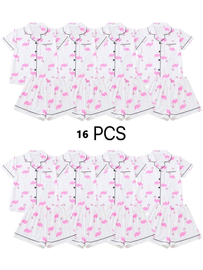 Product Introduction of Two-piece Set Women's All Over Flamingo Print Short Sleeve  Pajama Set, Casual Comfy Lapel Neck Button Front Top & Elastic Waist Shorts Pj Set, Ladies Sleepwear for All Seasons 5