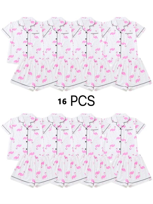Two-piece Set Women's All Over Flamingo Print Short Sleeve  Pajama Set, Casual Comfy Lapel Neck Button Front Top & Elastic Waist Shorts Pj Set, Ladies Sleepwear for All Seasons 4