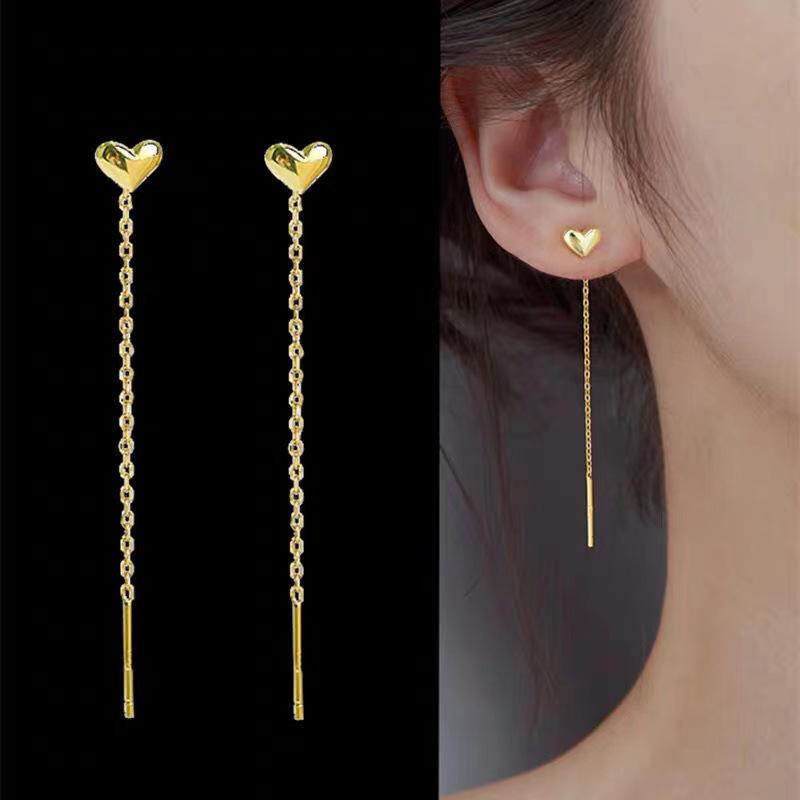 Product Introduction of Titanium steel color preserving solid heart-shaped lines with tassels, peach hearts wrapped in gold, heart-shaped long ear lines, ins, slimming ear chains that highlight the face 8