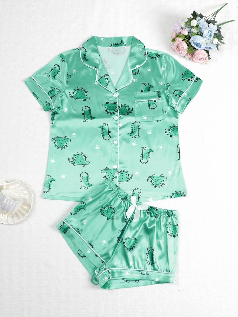 Product Introduction of Two-piece Set Women's Cartoon Dinosaur Print Top & Shorts Satin Pyjama Set, Cute Comfy Pocket Short Sleeve Top & Shorts Pj Set, Ladies Summer Sleepwear, Pajamas 5