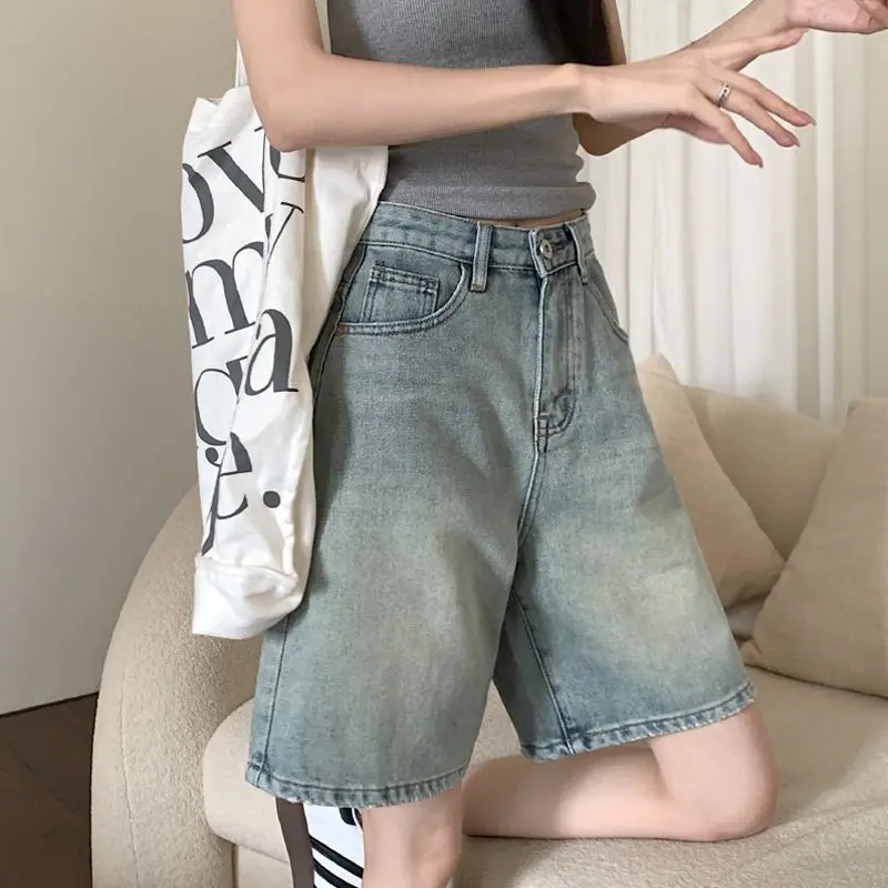 Quần Short Denim Ống Đứng Giặt Cổ Điển Quần Nữ Cạp Cao Ôm Dáng Rộng Làm Cũ Quần Mỏng Mùa Hè Ống Rộng Ong Women 1