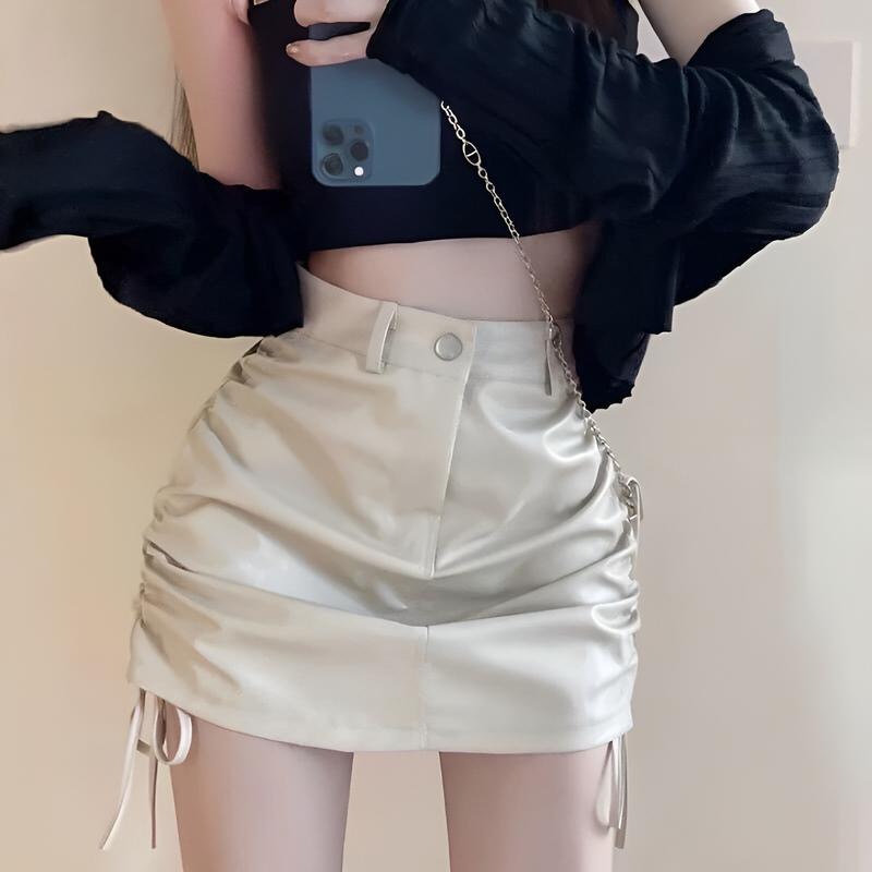 Chân váy da rút dây 2 bên hông, có quần bên trong Cá tính (Nữ  Women  Kem Đen ) Voan Voi Nhung