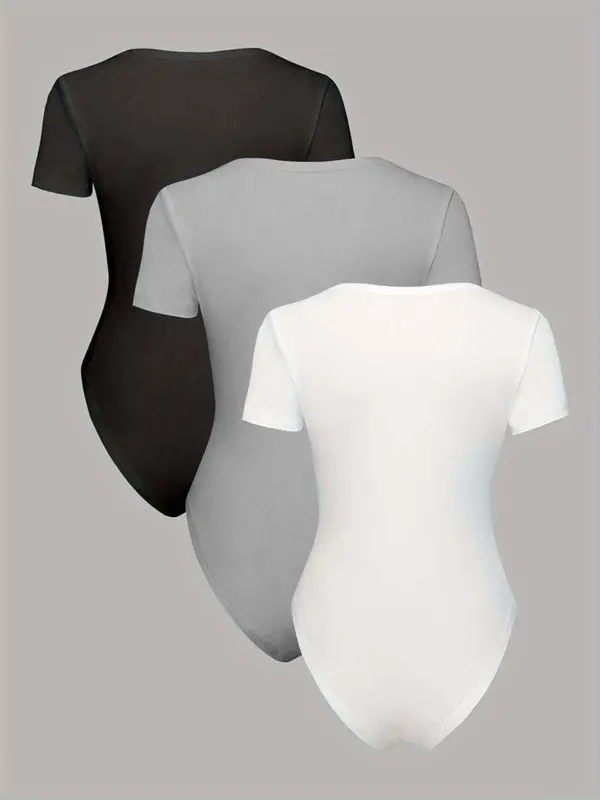 Women's Solid Color Bodysuit, Casual Comfy Breathable Short Sleeve Bodysuit for Summer, Ladies Clothes for Daily Wear 7