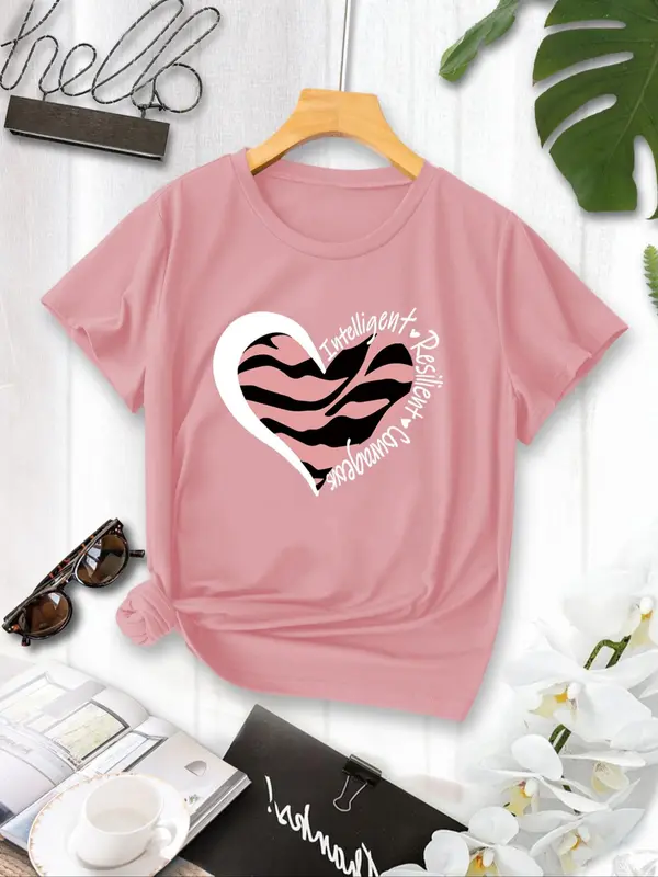 Women's Heart Print Round Neck Tee, Casual Short Sleeve Crew Neck T-Shirt for Daily Wear, Ladies Clothes for All Seasons 2