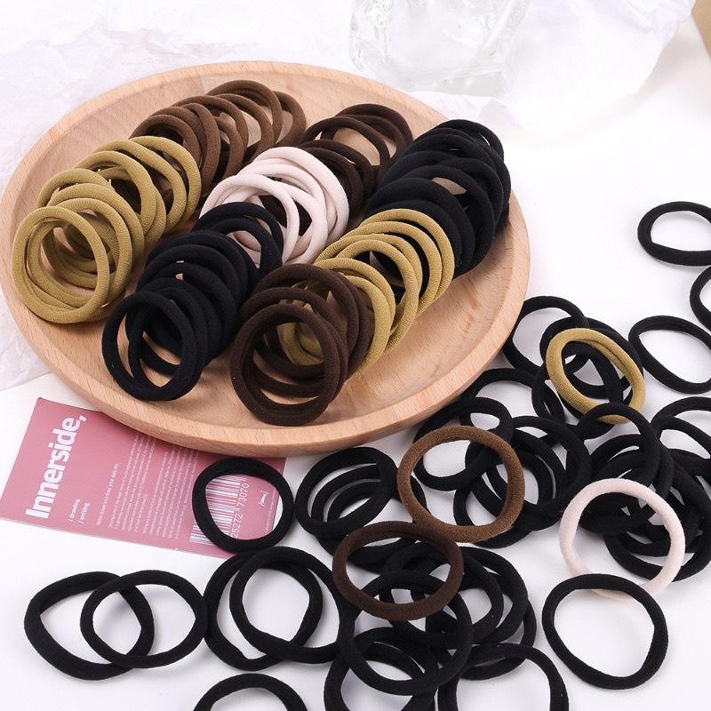  Set 50 100 Thun Cột Tóc Đuôi Ngựa Bọc Vải Mix Màu Sắc Đen Nâu Be Size Lớn khoảng 4.5cm Dumi Shop 
