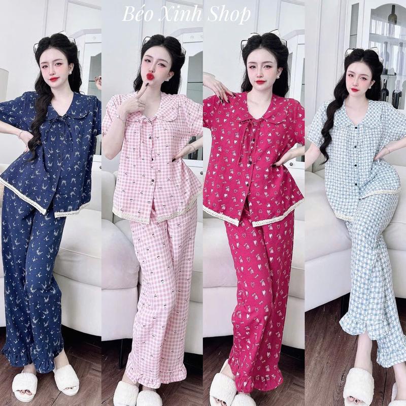Đồ Bộ - Đồ Ngủ Tay Ngắn Quần Dài Vải Cotton Mềm Phối Ren Tiểu thư Pijama Bigsize 50-100kg Bộ Ngủ Nữ Áo Ngủ Women Quần Ngủ - A.5437