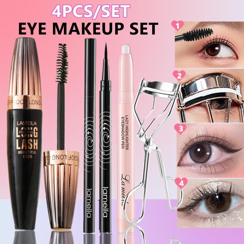 Bộ Trang Điểm Mắt, 4 Món, Không Thấm Nước, Mascara, Bút Phấn Mắt Cong, Bút Kẻ Mắt Màu Đen, Tăng Độ Bóng, Lâu Trôi, Dụng Cụ Uốn Mi Mascara