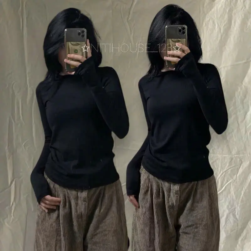 [Nhidang.123] Áo thun tay dài cổ tròn gân mềm ôm body y2k trơn