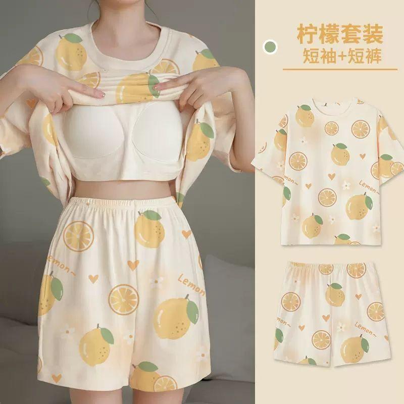 Product Introduction of Pajamas Women's Summer Short Oversleeves Sweet with Chest Pad Korean Cartoon Student Casual Homewear Loose plus Size Summer 27