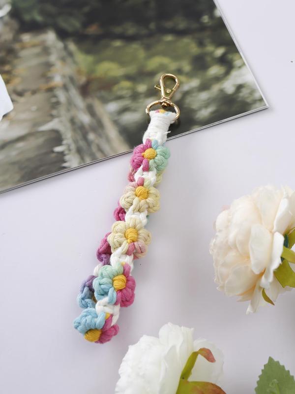 Boho Style Colorful Flower Rope Braided Keychain, Fashionable Crochet Wristlet Keychain for Women & Men, Cute Kawaii Accessories for Women 1