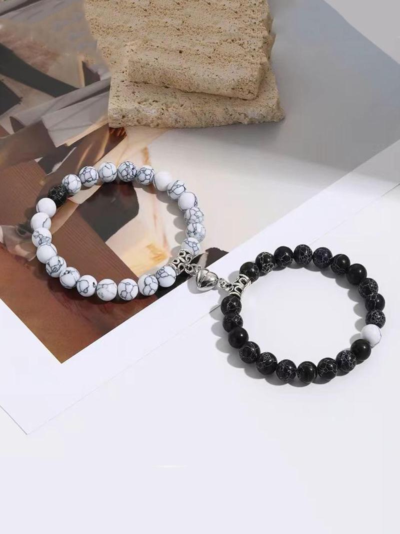 Product Introduction of Couple Magnetic Buckle Beaded Couple Bracelet, Fashion Turquoise Texture Beaded Bracelet for Party, Daily Decor, Trendy All-match & Exquisite Friendship Jewelry for Birthday Gift 3