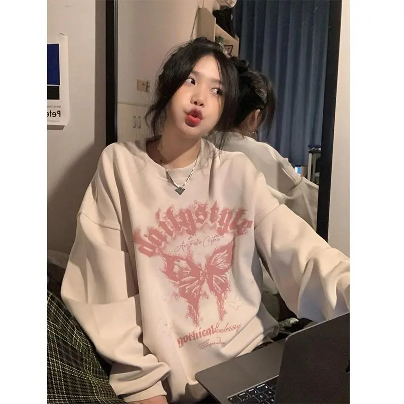 Sweater Oversize baju lengan panjang | Pink Butterfly wing Artistic font printing | Bahan Cotton