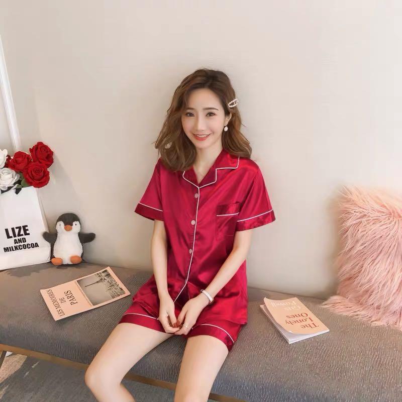 Luckybag-shop-Korean fashion pajamas, satin women, short sleeve shirt + shorts 1812 2