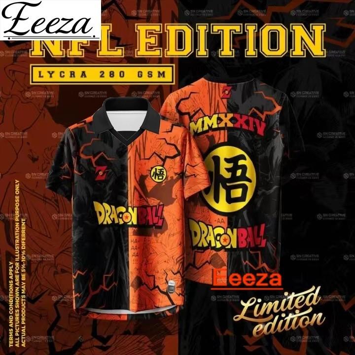 Product Introduction of Eeeza 2024 Dragon Ball Jersey NFL Edition Baju Anime Tshirt Lelaki Lengan Pendek Retro Collar Full Sublimation Microfiber Jersi Viral Unisex Streetwear 3