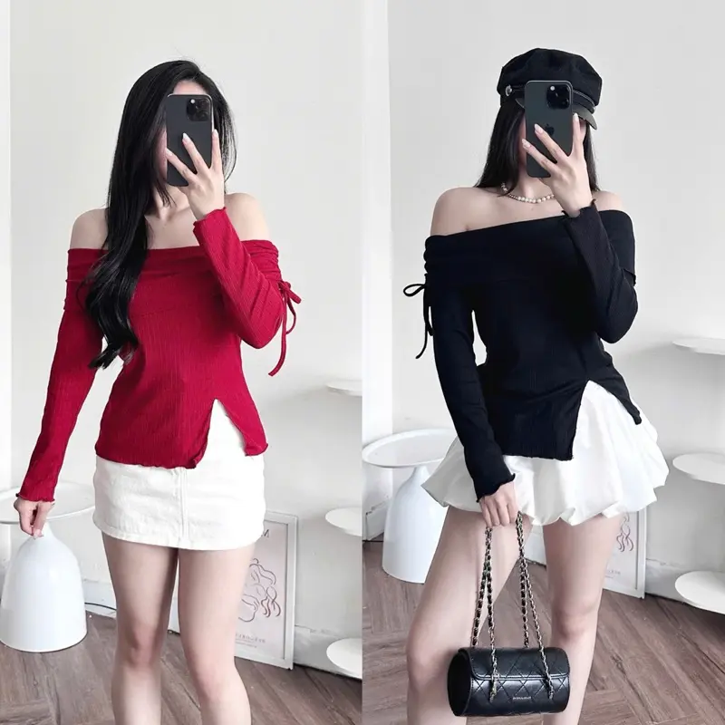 [ ẢNH THẬT ] ÁO TRỄ VAI XẺ TÀ TAY DÀI - RÚT DÂY BÊN VAI