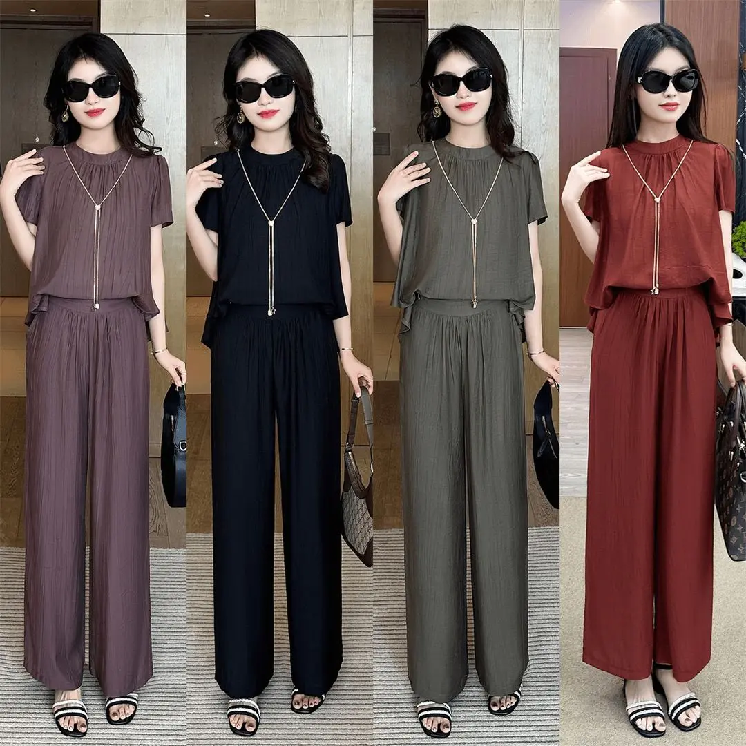 Bộ Đồ Thời Trang Sang Trọng, Giá Cả Phải Chăng, Dành Cho Nữ, Bộ Hai Mảnh, Áo Sơ Mi Ngắn Tay Mỏng Bó Eo Chống Lão Hóa, Quần Ống Rộng, Thích Hợp Cho Mùa Hè 2024