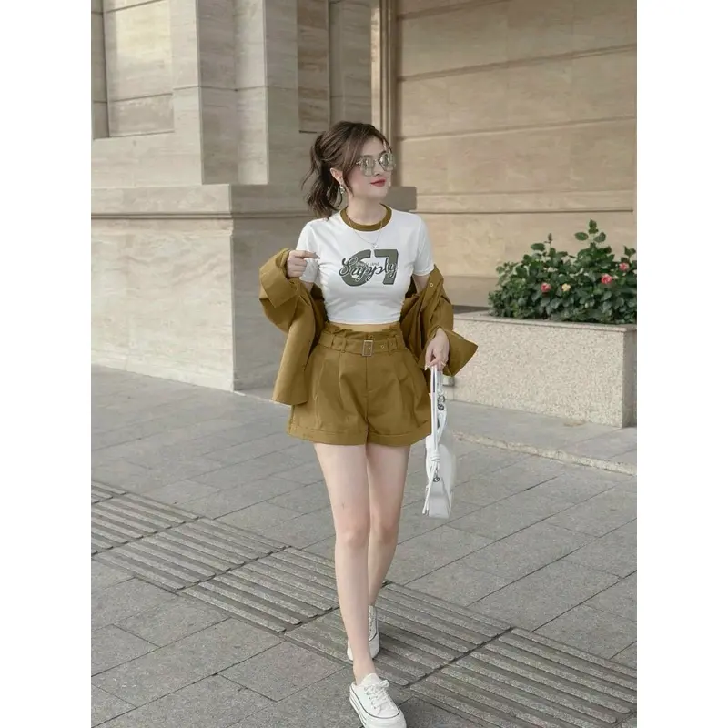 Sét bộ chất cotton lạnh 4 món mặc đi chơi dạo phố, áo thun ngắn tay cổ tròn phối viền hoạ tiết in chữ số kèm áo khoác ngoài dài tay kèm quần đùi ngắn mix đai lưng Nữ Women Topb Tre Kem Sen 3