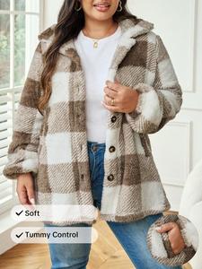 CURVZY Plus Size Plaid Print Button Front Hooded Coat, Casual Long Sleeve Pocket Outerwear for Autumn & Winter, Women's Clothes for Daily Wear