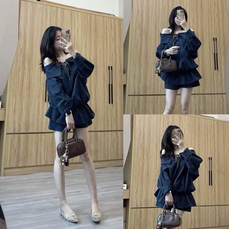 [ Bèo Béo Bigsize ] Set Áo Trễ Vai Babydoll Kẻ Sọc Xanh Đen Kèm Quần Form Bigsize 60-90Kg