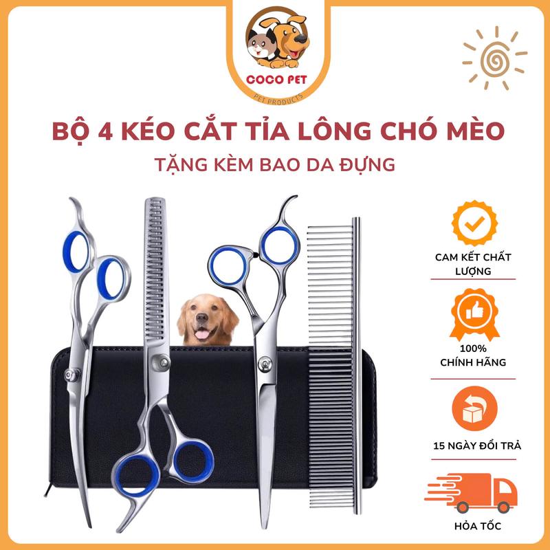 Hộp 4 Kéo Cắt Tỉa Lông Chó Mèo Thú Cưng Tặng Kèm Bao Da Đựng Kéo Cong + Kéo Thẳng + Kéo Tỉa + Lược