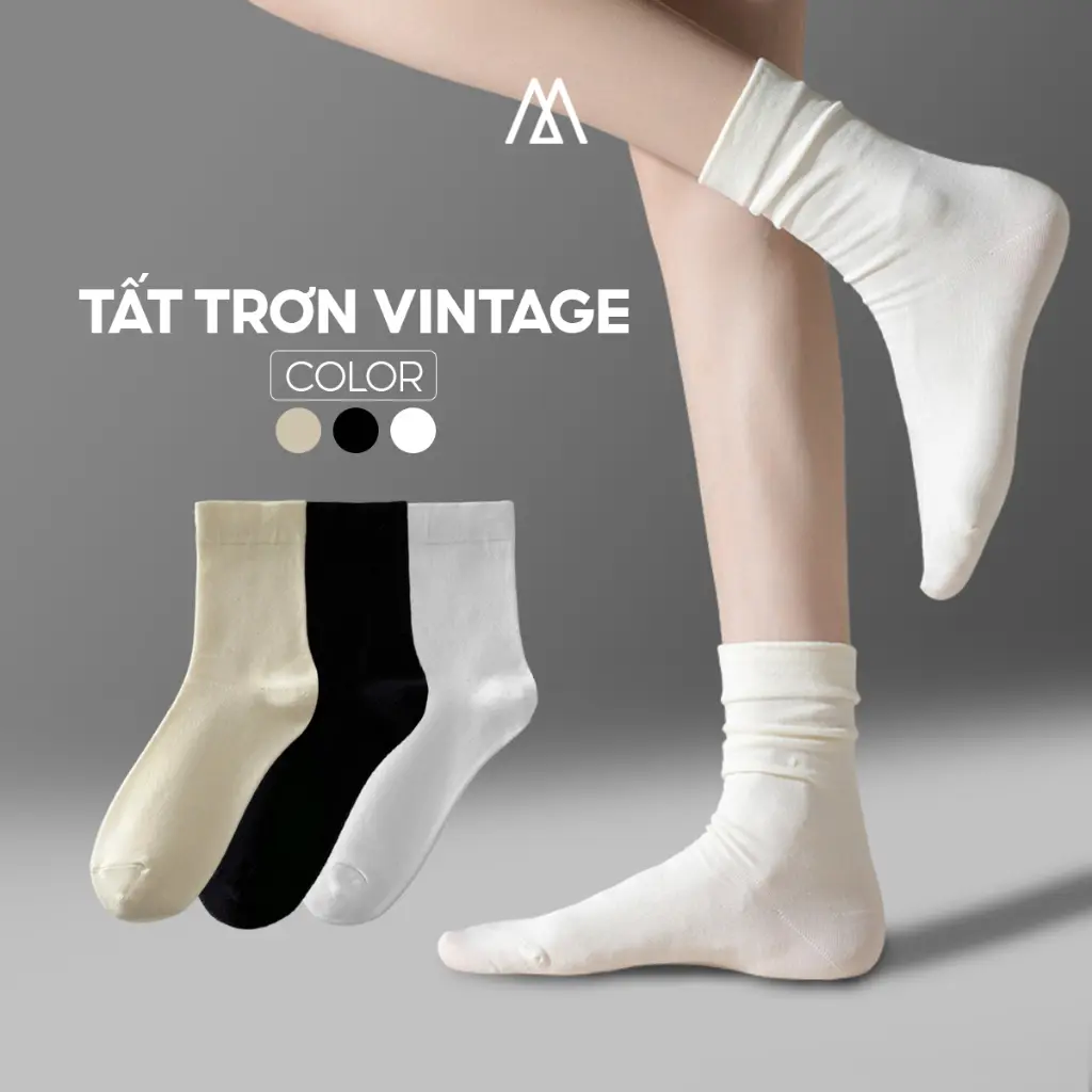 Vớ nữ cổ nhún M, Tất vớ nữ cổ cao dáng trơn Vintage chất cotton mềm mịn khử mùi an toàn