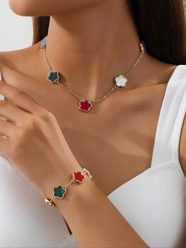 Flower Design Necklace & Chain Design Bracelet, Fashion Jewelry for Party, Daily Clothing Decor, Trendy All-match & Exquisite Jewelry for Birthday Gift 0