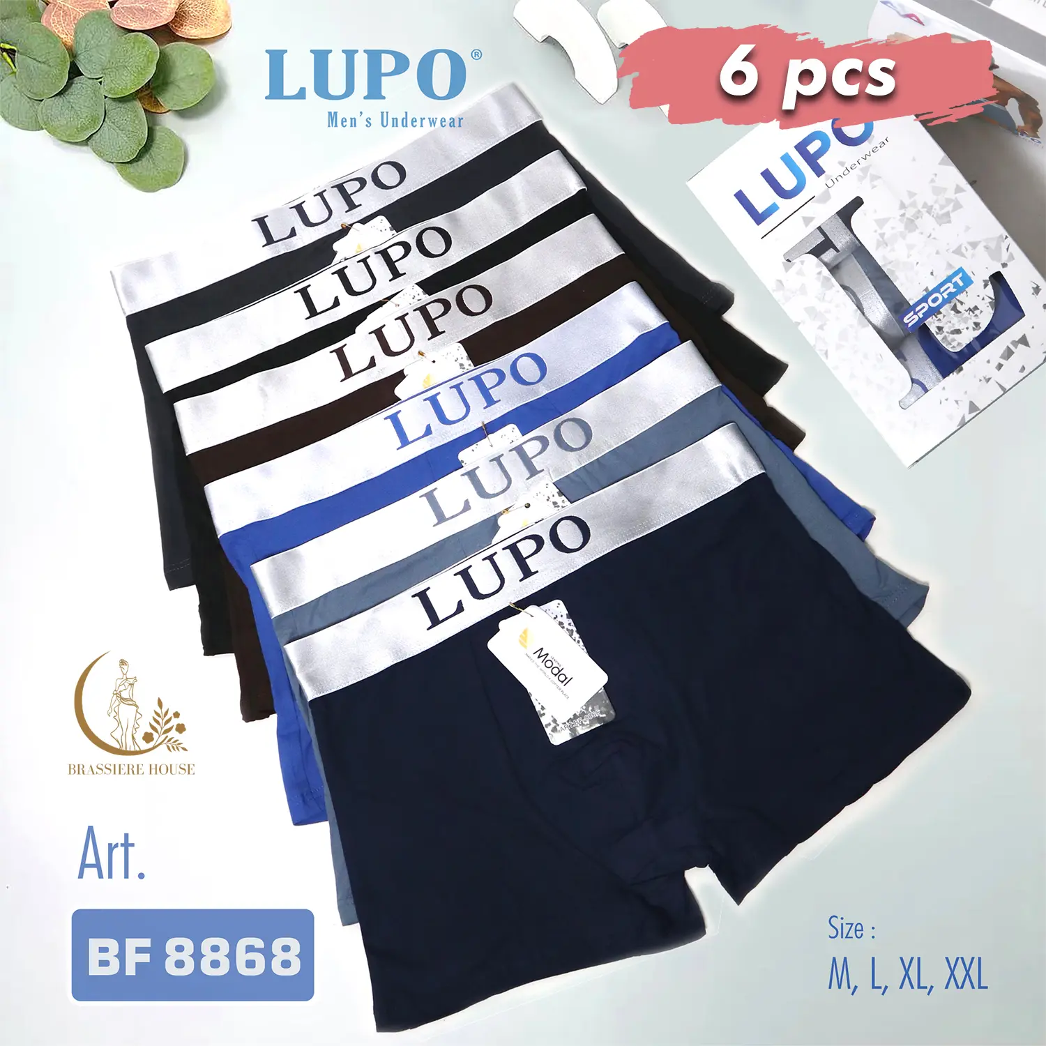 6PCS Celana Dalam Lupo Celana Sempak Boxer Pria Katun Premium Art 8868 Hitam Karet