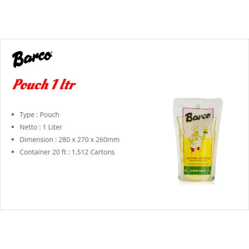 Barco Minyak Goreng Kelapa Pouch 1 Liter Coconut Cooking Oil Halal 1