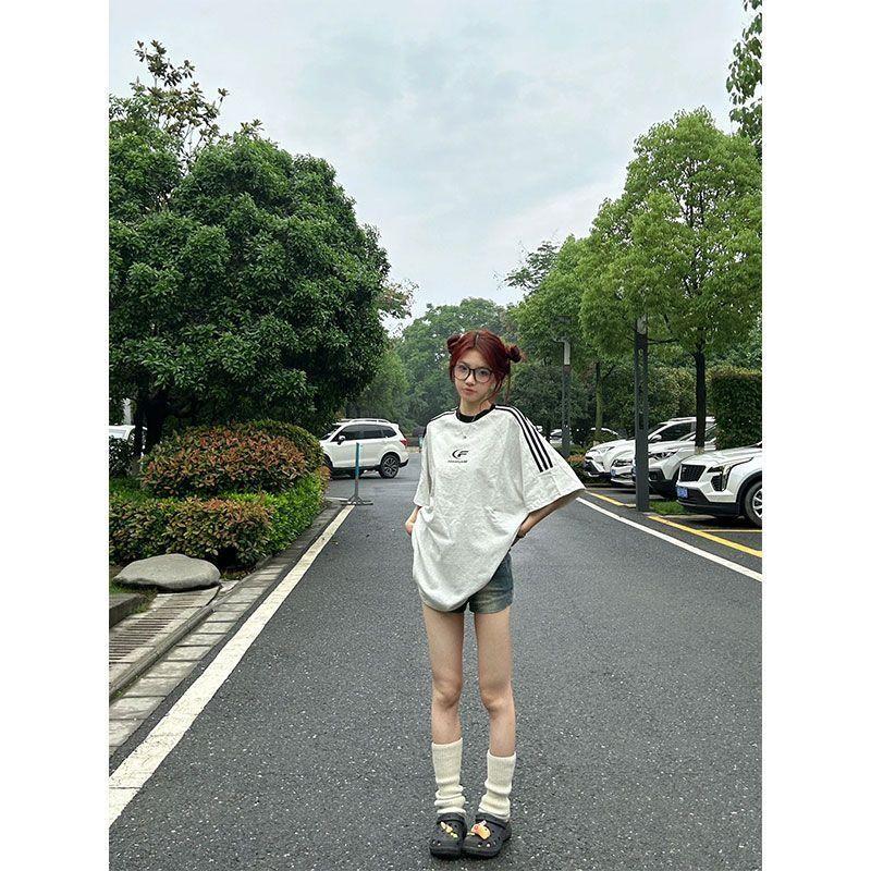 Áo Thun Sọc Raglan Cổ Điển Phong Cách Mỹ ngắn Tay, Dáng Rộng Vừa Vặn, Thương Hiệu Thời Trang Ins Mùa Hè Của Phụ Nữ, Áo Tay Lửng Cặp Đôi Đường Phố Cao Cấp, Áo Sọc, Cho Nữ Women Top Cổ Tròn Lưng Cao 3