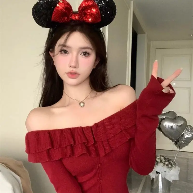 Áo Len Xù Màu Đỏ, Trễ Vai, Dành Cho Phụ Nữ, Mùa Xuân Và Mùa Thu, Sang Trọng Và Đẹp, Mặc Trong, Áo Ngắn Hai Chiều, Phong Cách Chảnh