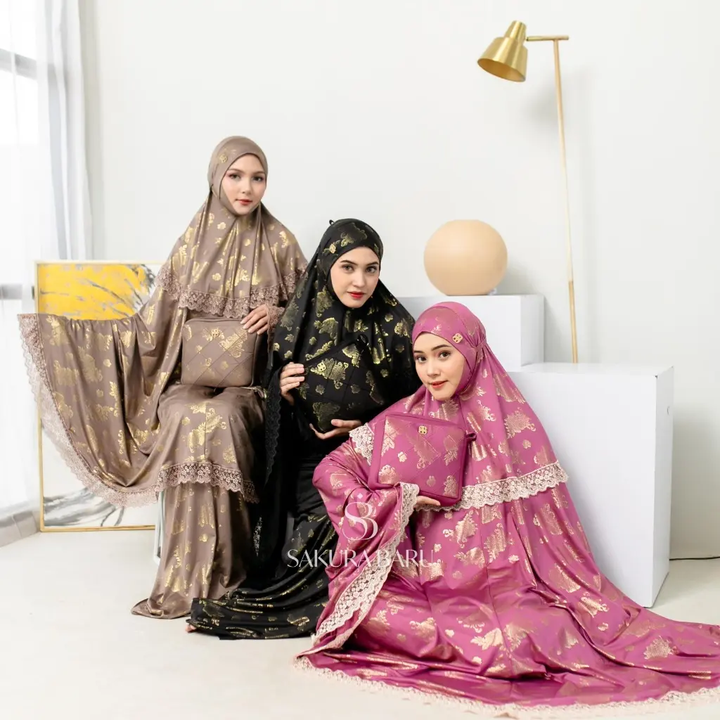 Mukena Jumbo Renda Shanum Mimoza Motif Bunga Menutup Dagu Mewah Nyaman Lembut