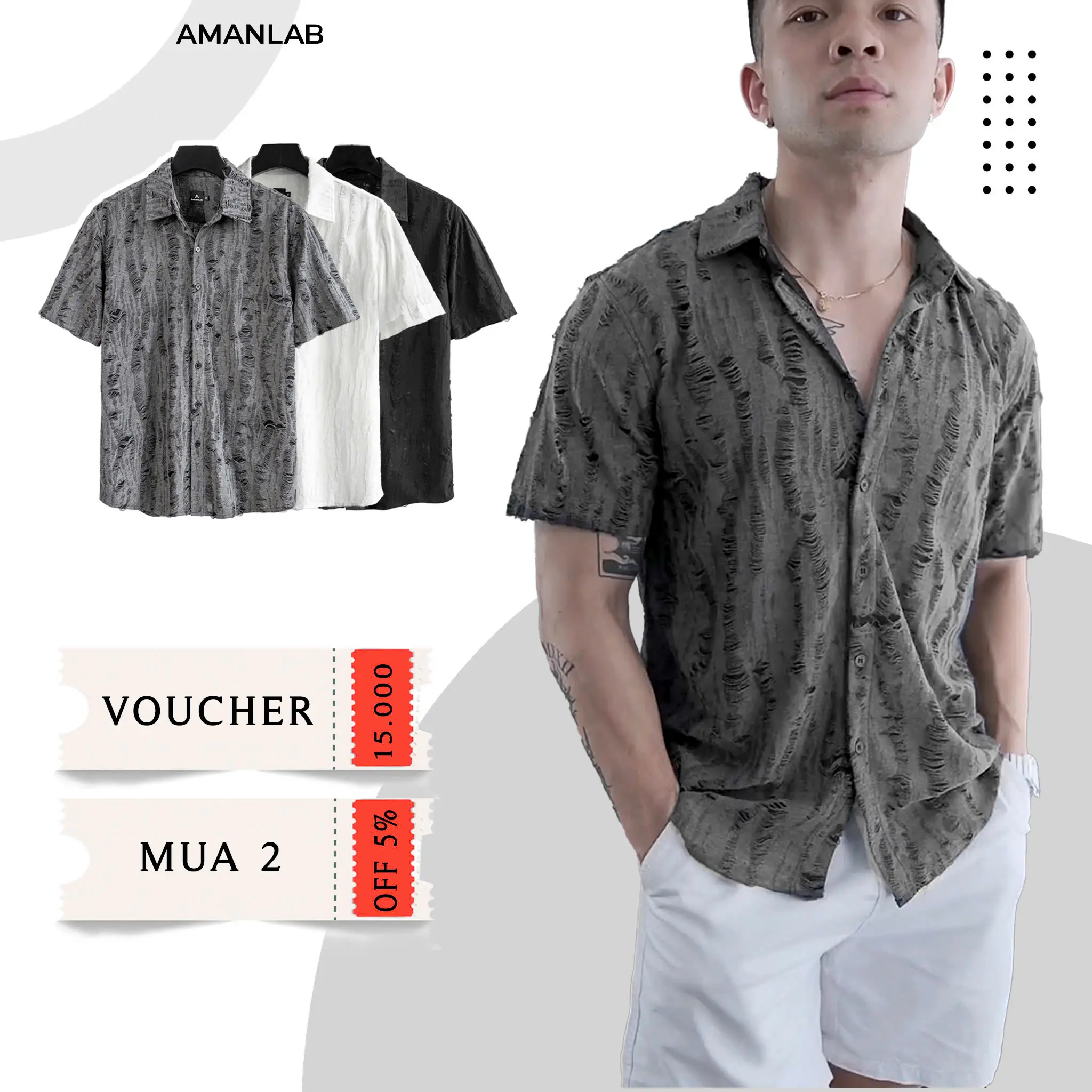 Áo sơ mi nam ngắn tay chất vải cotton luxury wax rách tưa chỉ, mềm mát không nhăn TASSELS