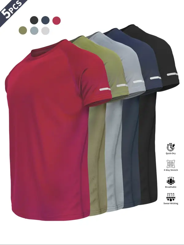 Men's Plain Reflective Design Sports Tee, Breathable Fit Quick Drying Short Sleeve T-shirt, Activewear, Men's Sportswear for Gym Workout Running, Clothing 1
