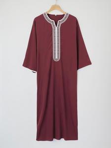 Arabic Clothing-Men's Embroidering Notched Neck Kaftan, Regular Fit Casual Long Sleeve Drop Shoulder Kaftan, Fashion Men's Arabic Islamic Clothing