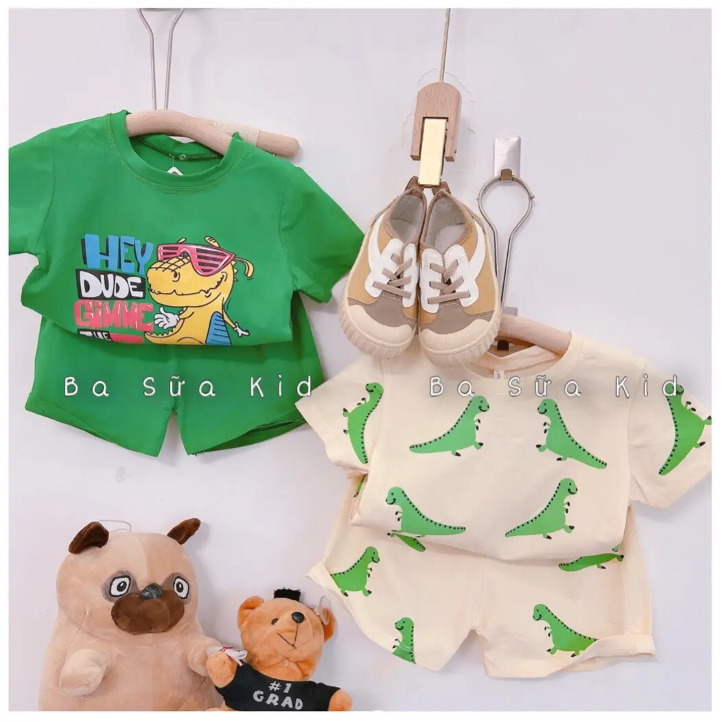(B236) Set bộ quần áo cộc tay cho bé từ 6 tháng đến 6 tuổi . Bộ cotton in hình hoạ tiết khủng long cho bé 7kg đến 20kg