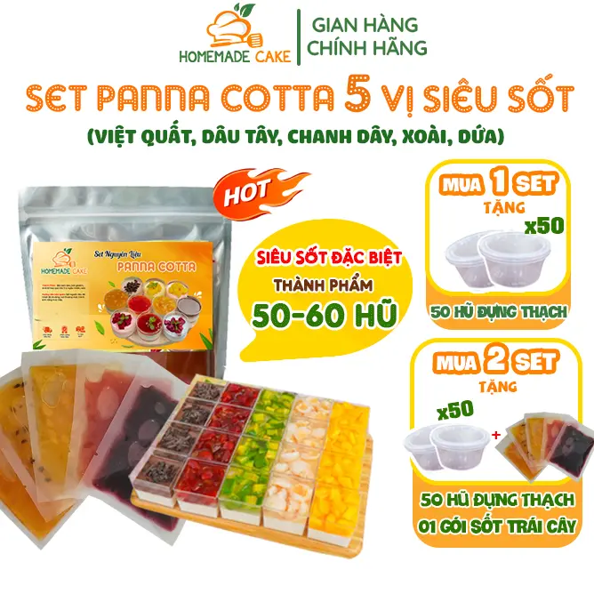 [SIÊU SỐT 5 VỊ] Set Panna Cotta 50-60 hũ- 5 vị sốt trái cây Việt Quất, Dâu, Xoài, Chanh Dây, Dứa kèm 20 hũ Food Cake