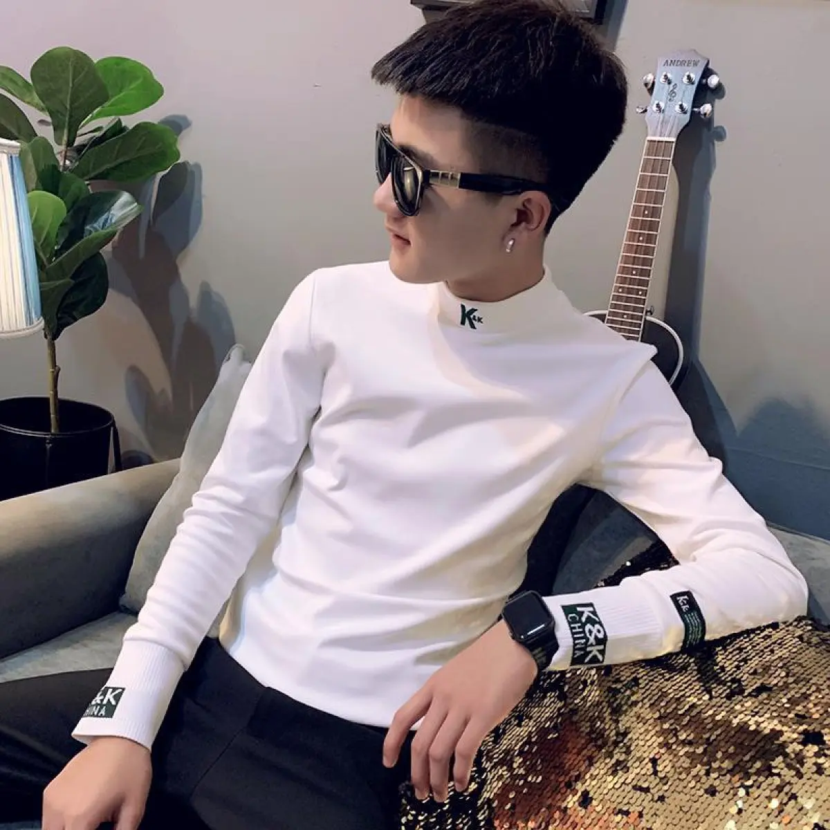 Áo Len Dài Tay Hợp Xu hướng Cho Nam, Bộ Sưu Tập Thu Đông Mới, Thêu Chữ, Kiểu Tóc Chàng Trai Thông Minh, Áo Lớp Nền Menswear Shirt