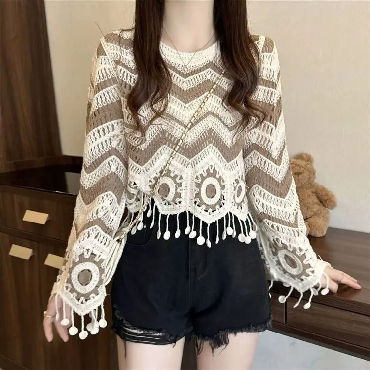 Áo Len Tua Rua Bohemian, Đan Móc, Thiết Kế Sọc, Ngắn, Chất Liệu Lụa Lạnh Mùa Xuân, Loại Mỏng, Áo Cánh Chống Nắng Nữ Top Women Cổ Tròn