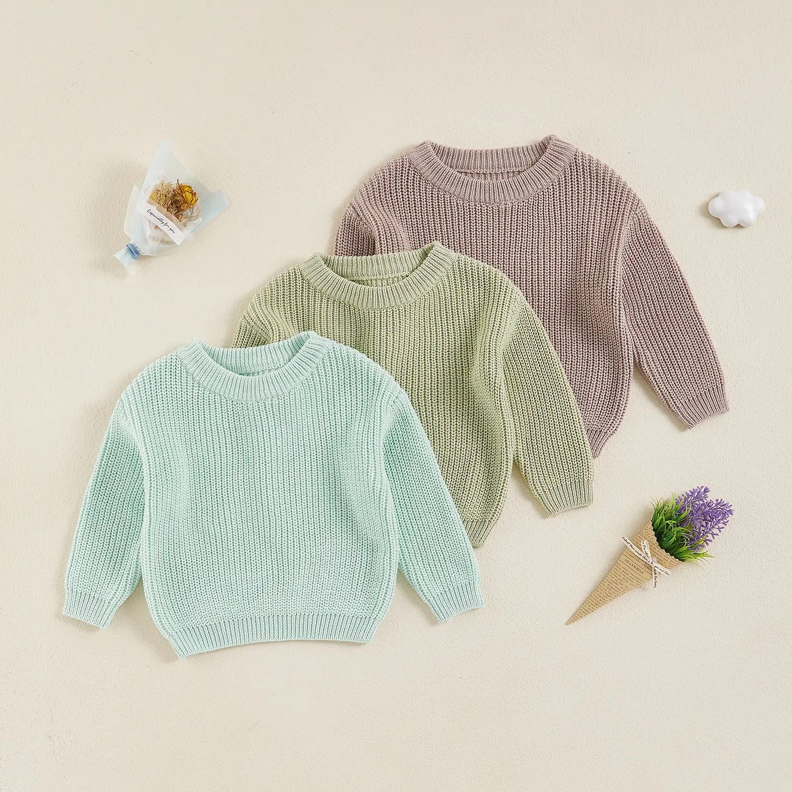 Little Boy Girl Knit Sweater Solid Color Crew Neck Long Sleeve Pullover Tops for Fall Winter Causal Sweater