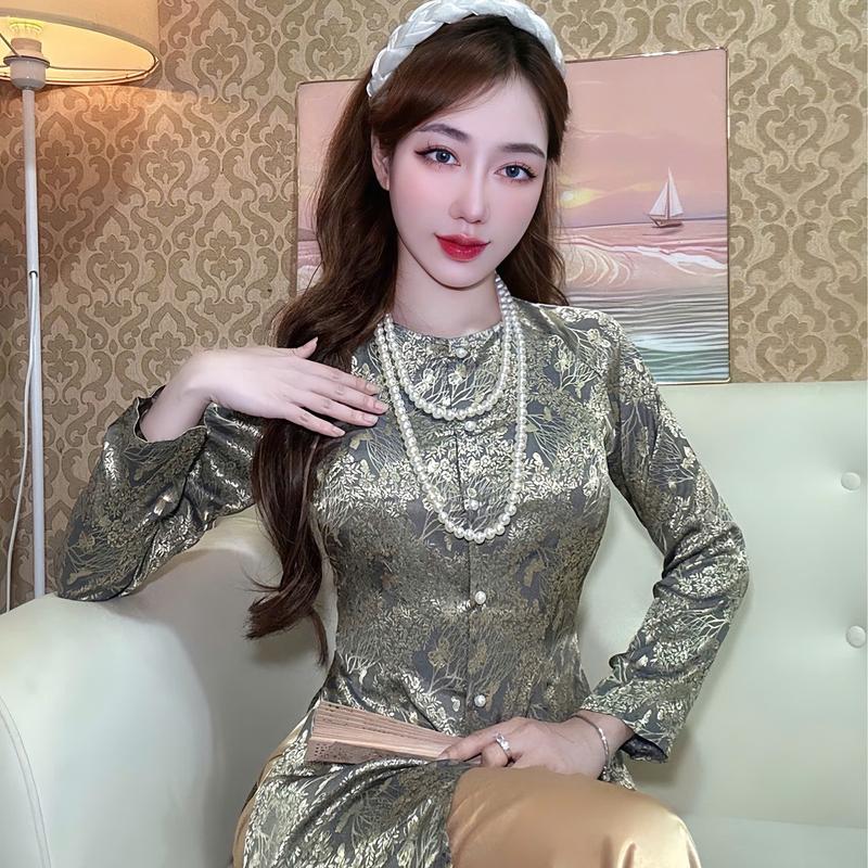 Xưởng May Hân Nguyễn - B.A128 - Bộ Gấm Hoa Bướm Cài Nút Cổ Tròn Tay Dài ( Kèm Chuỗi Ngọc Trai ) Áo Kem Top