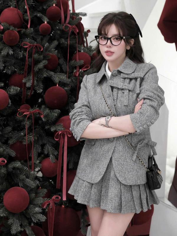 Set bộ đồ cổ tròn tay dài đính nơ mix chân váy xếp ly có quần bảo hộ phong cách tiểu thư - Hân Linh shop Nữ Women