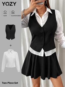 YOZY Women's Solid Button Front Vest Blazer & Shirt Two-Piece Set, Casual Fashion Cozy Two Piece Set for Daily Outdoor Wear, Ladies Clothes for All Seasons