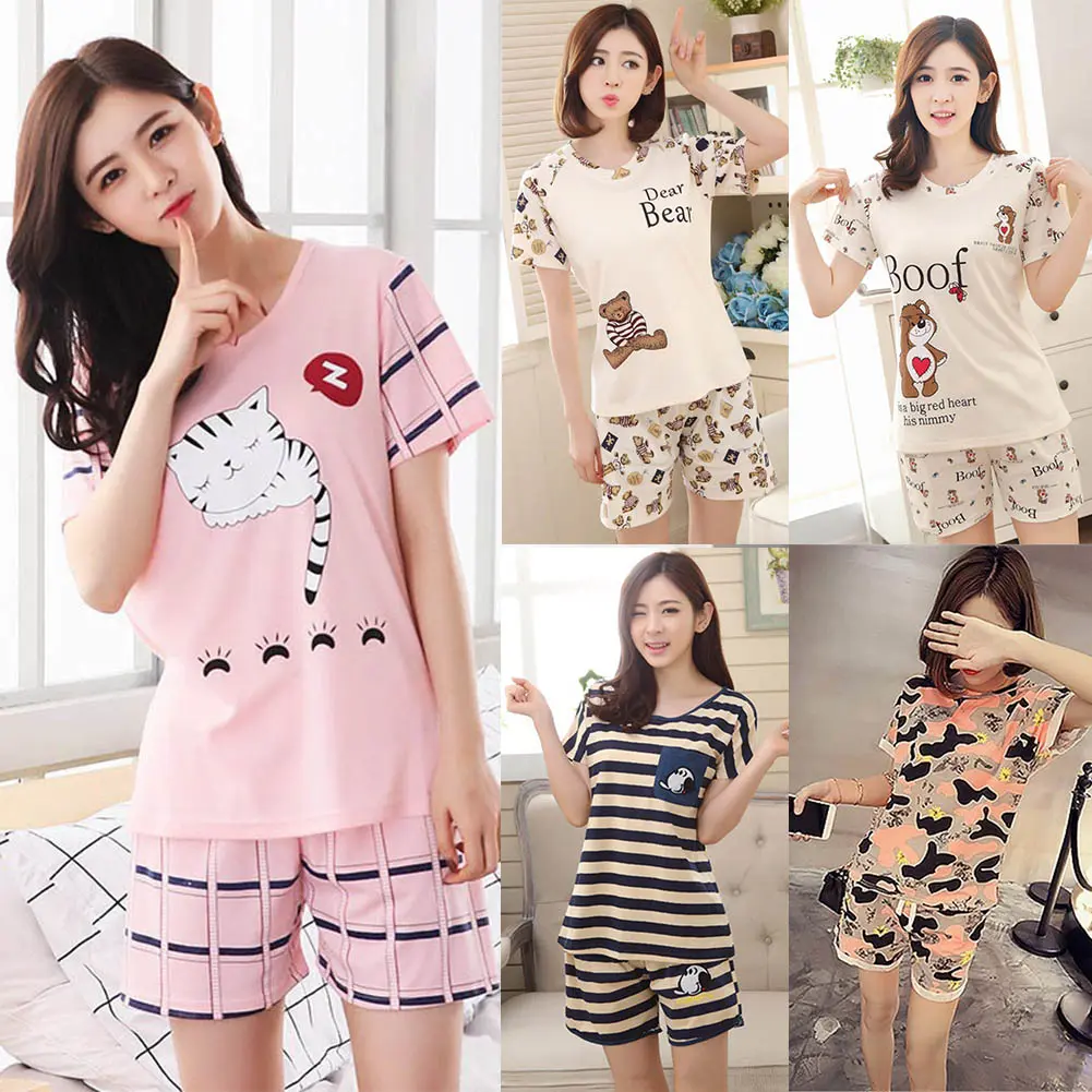 2Pcs/Set Cute Cartoon Animal Women Sleepwear Short Sleeve Top Shorts Pajamas