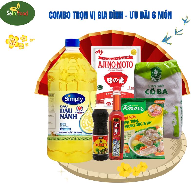 [Combo 6 món ưu đãi Tết] Dầu Ăn Simply Đậu Nành Can 2 Lít + Đường Cát, Hạt Nêm Knorr 900g, Bột Ngọt, Nước mắm, Nước Tương Gia Vị Nước Sốt Chua Cay