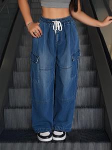 YOZY Women's Plain Drawstring Waist Wide Leg Pants, Casual Pocket Trousers for Daily Wear, Ladies Bottoms for All Seasons