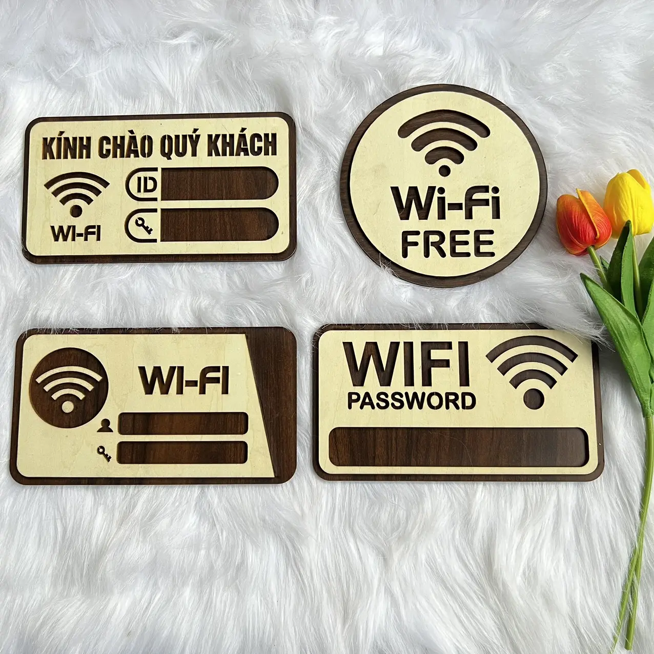Bảng Gỗ cắt laser chữ Wifi Decor Quán Free Wifi chất liệu gỗ mdf chống ẩm  nhận làm theo yêu cầu
