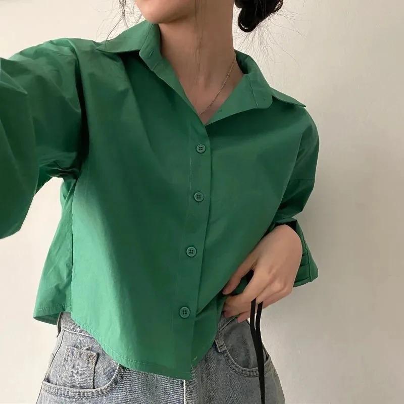Product Introduction of Fashion Short Shirts Women Korean Chic Loose Solid Color Long Sleeve Crop Tops Female Casual Elegant Button Split Turn Down Collar Blouse 15