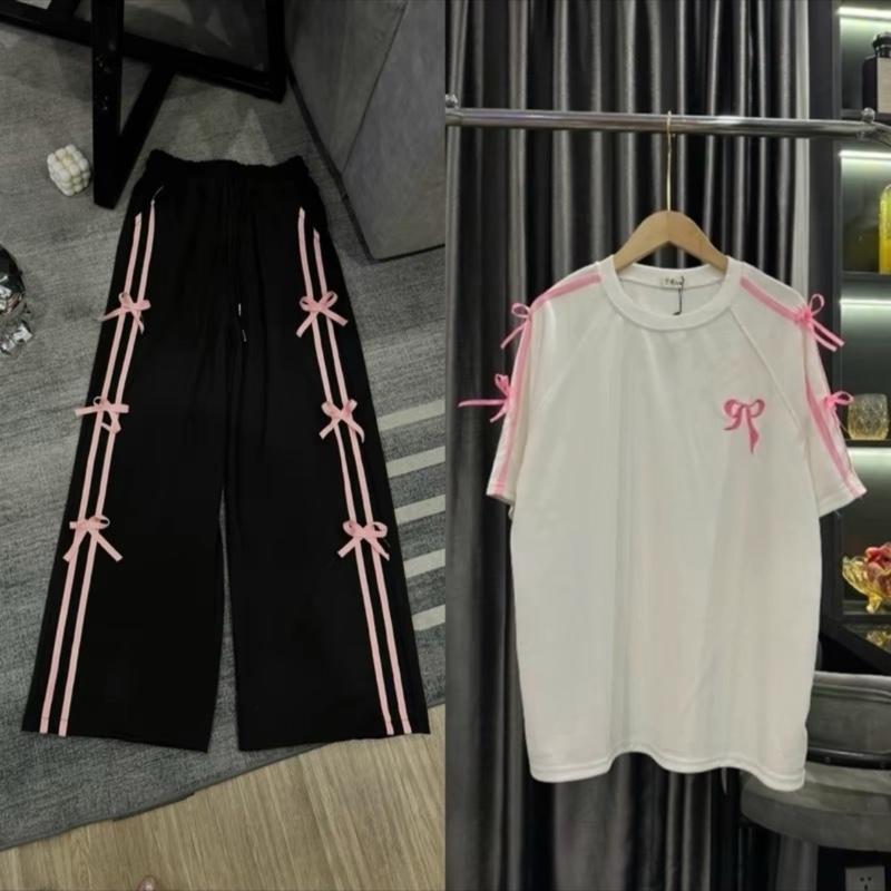 Set bộ hot trendd áo phông thêu nơ +Quần dài ống rộng dây hack dáng Nữ Top 1